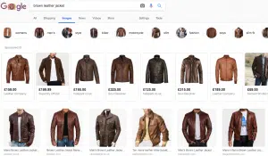 Screen shot of leather jacket search in Google Shopping