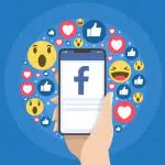 illustration with hand holding phone with Facebook logo and like button