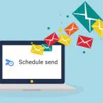 illustration of computer and scheduling email with colourful envelopes