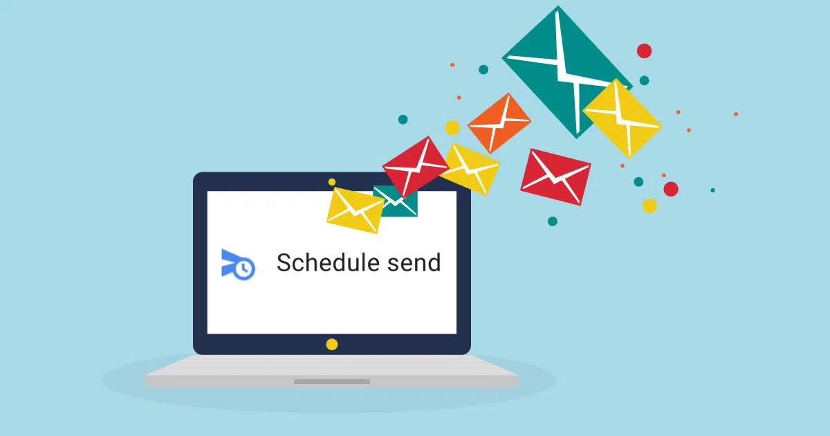 illustration of computer and scheduling email with colourful envelopes