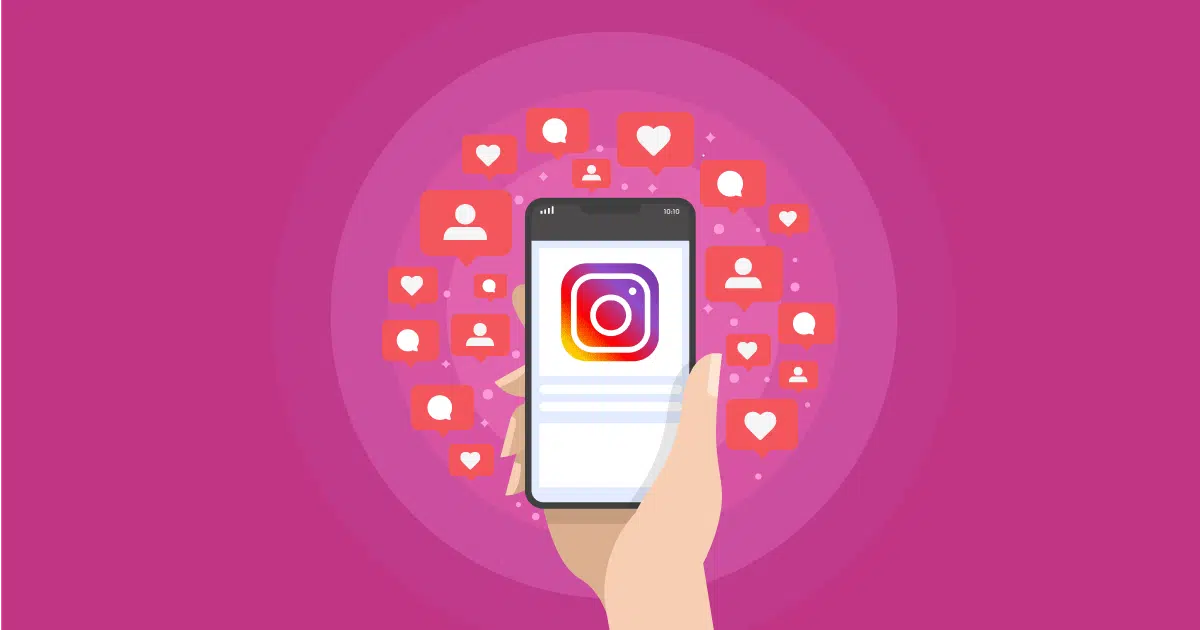 Graphic with hand holding phone with Instagram logo and likes