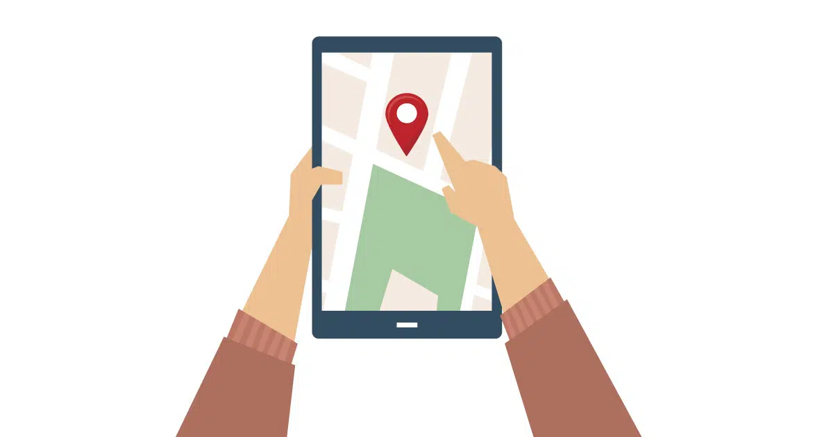 Cartoon image of hand holding tablet with Google Maps symbol