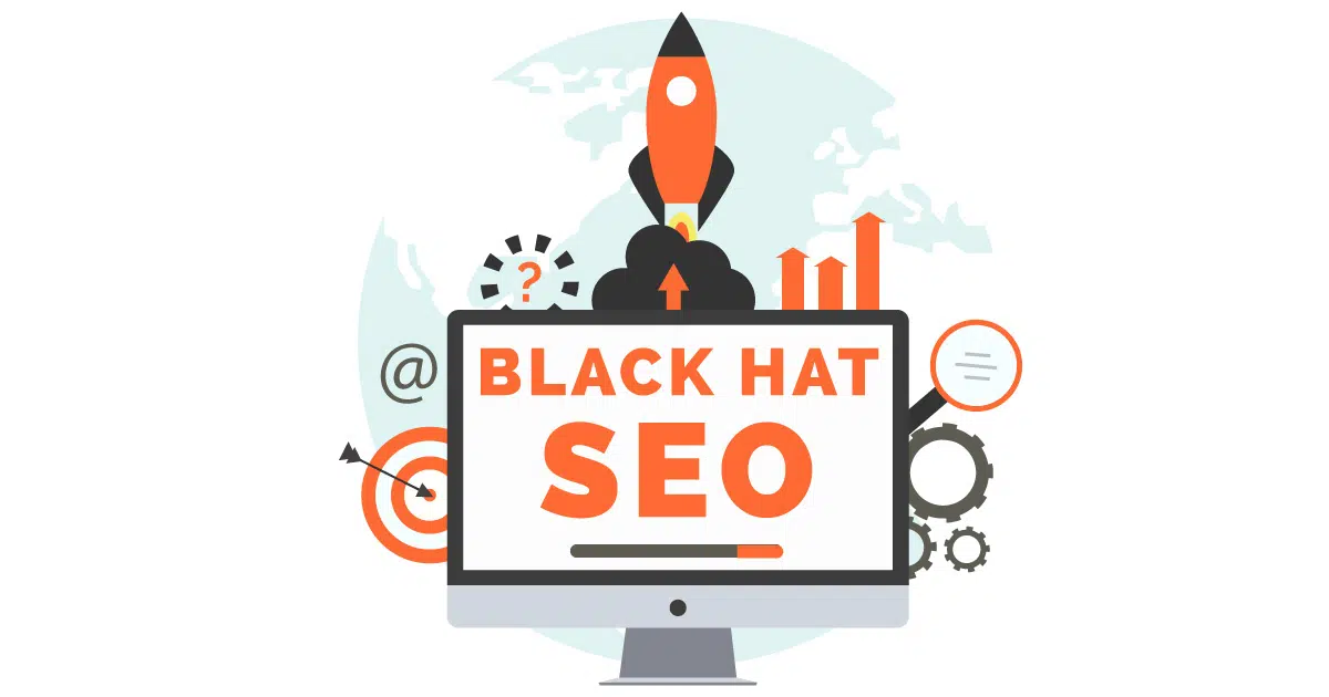 Graphic of computer and rocket with writing Black Hat SEO