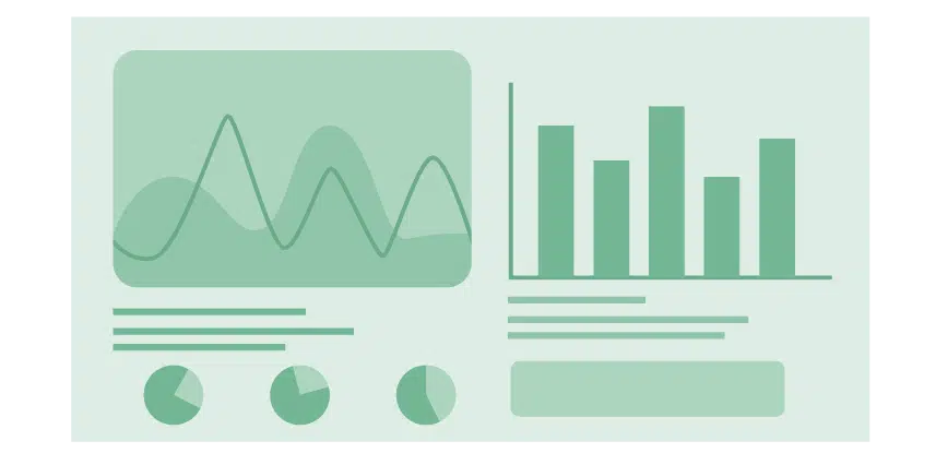 Green graph with bar charts, pie charts and graphs