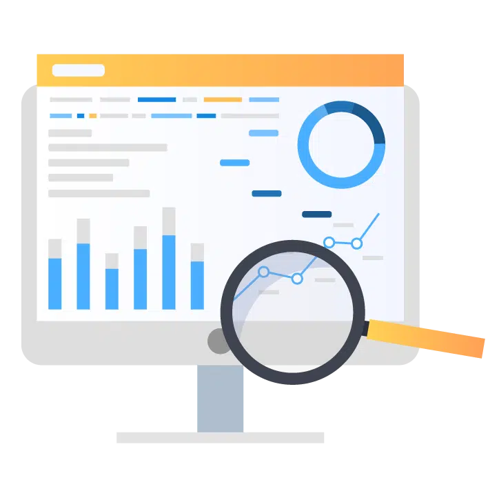 Computer screen with graphs and pie charts, with magnifying glass for Digital Marketing results