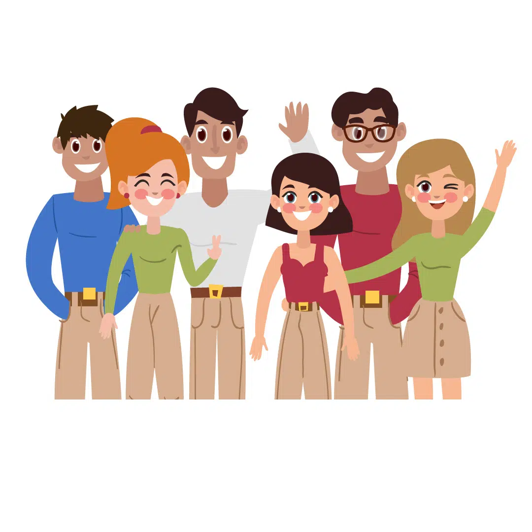 Cartoon team members of six people smiling and waving