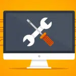 Yellow background with computer screen and maintenance tools icons