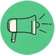 Green circle with black megaphone icon