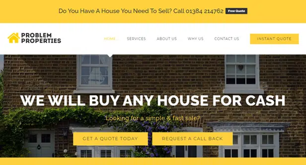 Problem Properties website with yellow logo and house photo with yellow buttons