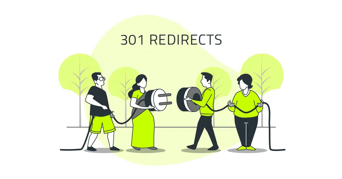 Vector of 4 people with large plug and 301 redirects text