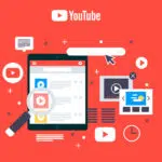 Red background with vector image of YouTube and tablet with video on