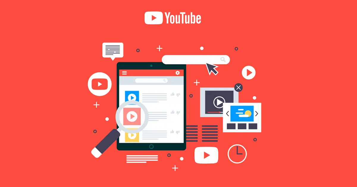 Red background with vector image of YouTube and tablet with video on