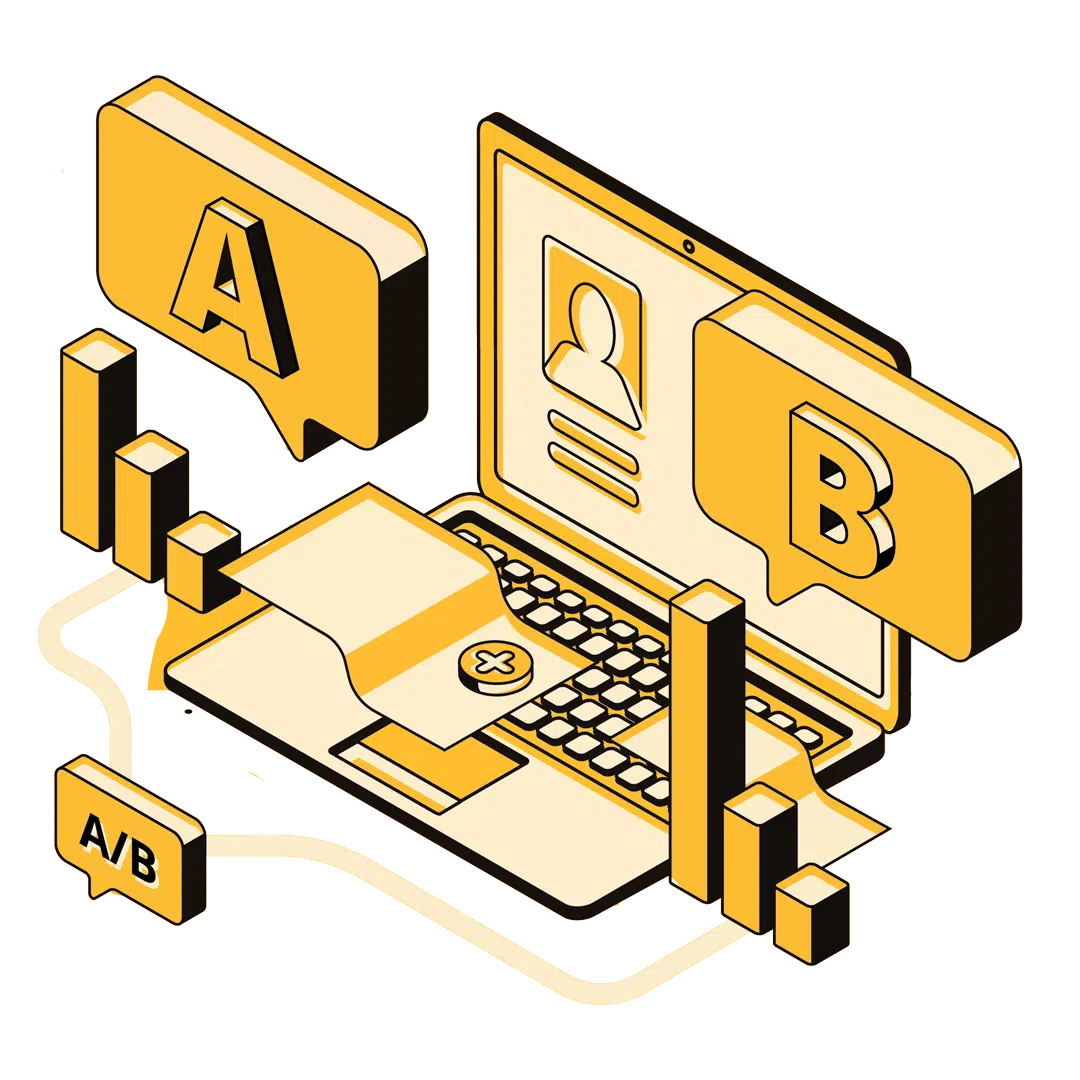 Illustrated yellow website with A/B testing and graphs