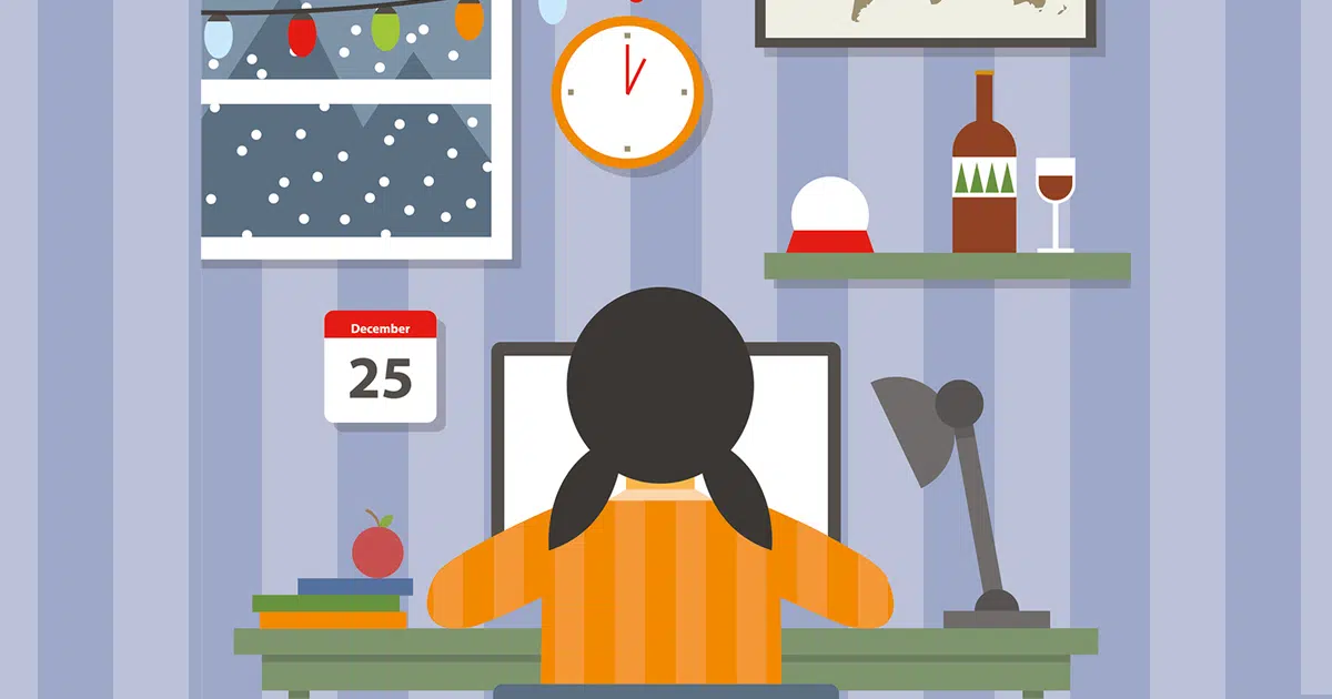 Illustration woman working from home at Christmas time with calendar and decorations