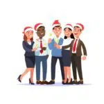 Group of Staff Members wearing Christmas Hats and holding Drinks