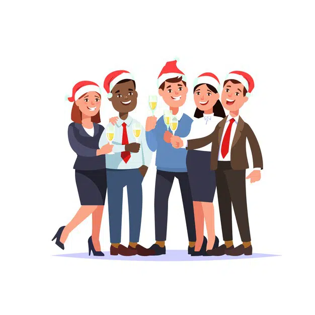 Group of Staff Members wearing Christmas Hats and holding Drinks