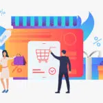 Illustration of website ecommerce shop and people shopping using the cart