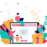 Illustration of people sat near computer screen of ecommerce website, shopping and buying presents