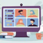 Illustration of computer screen with team having remote event and speaking on webcams