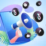 Blue background with phone illustration and hand with megaphone, with TikTok icons