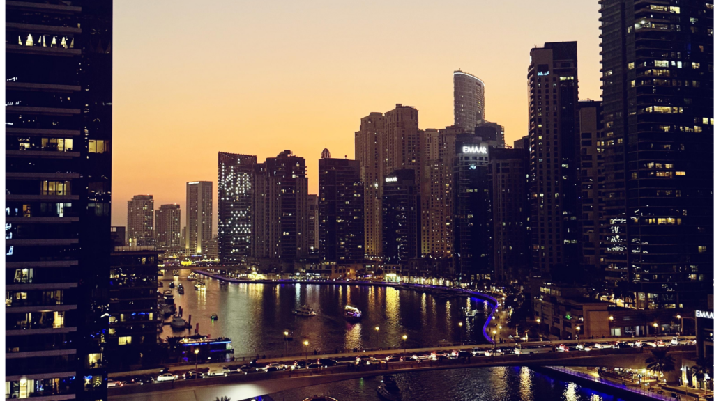 Dubai Harbour seen at sunset by Siren Dubai whilst in the UAE for a digital marketing meeting